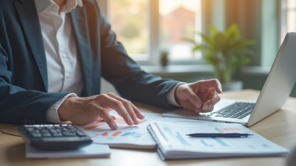 Professionele werkruimte met financiële planning, notitieboek en rekenmachine op houten bureau